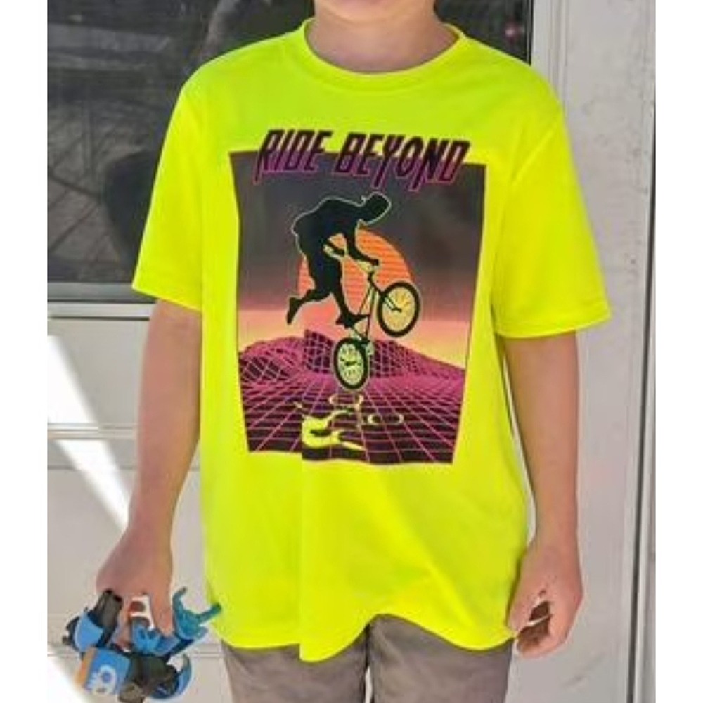 Athletic Works Boys Neon Yellow Ride Beyond BMX Graphic T-Shirt Short Sleeve